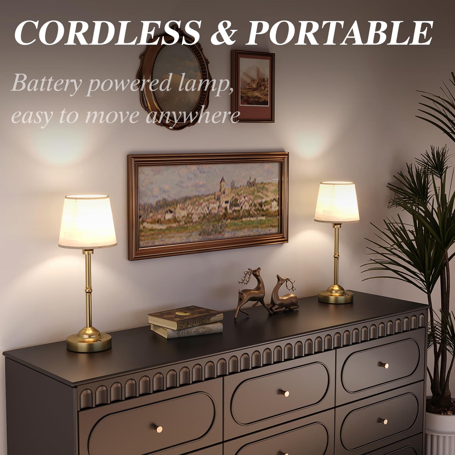CHLORANTHUS Cordless Table Lamp, 6000mAh Rechargeable, Stepless Dimming, 2 Pack, Khaki, Fabric, Ideal for Bedroom and Camping
