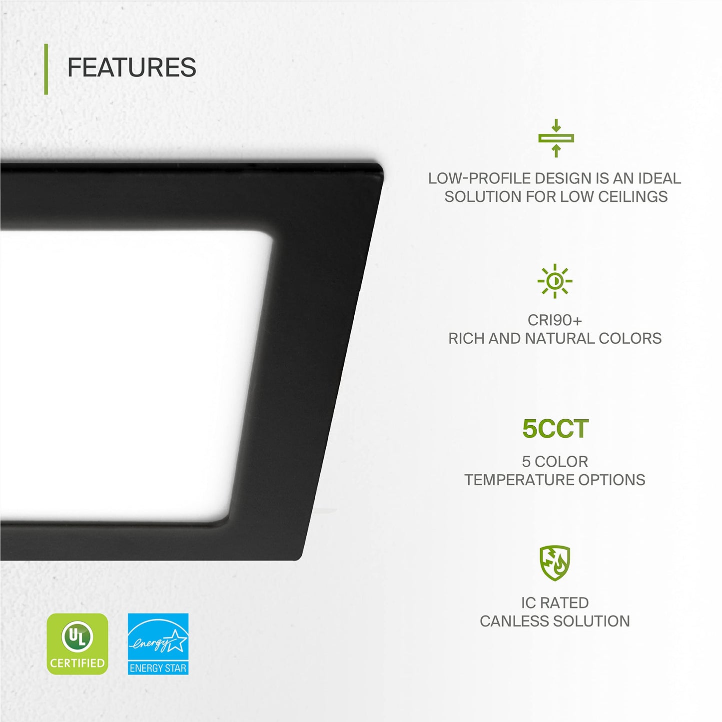 Asd 1 Pack Led Square Recessed Lighting 8 Inch  5 Cct 2700K-5000K Cri90+  20W 70W Eqv  Ultra Thin Dimmable Ceiling Lights With J Box  Canless Wafer Downlight  Slim Panel Light  Ul Energy Star  Black