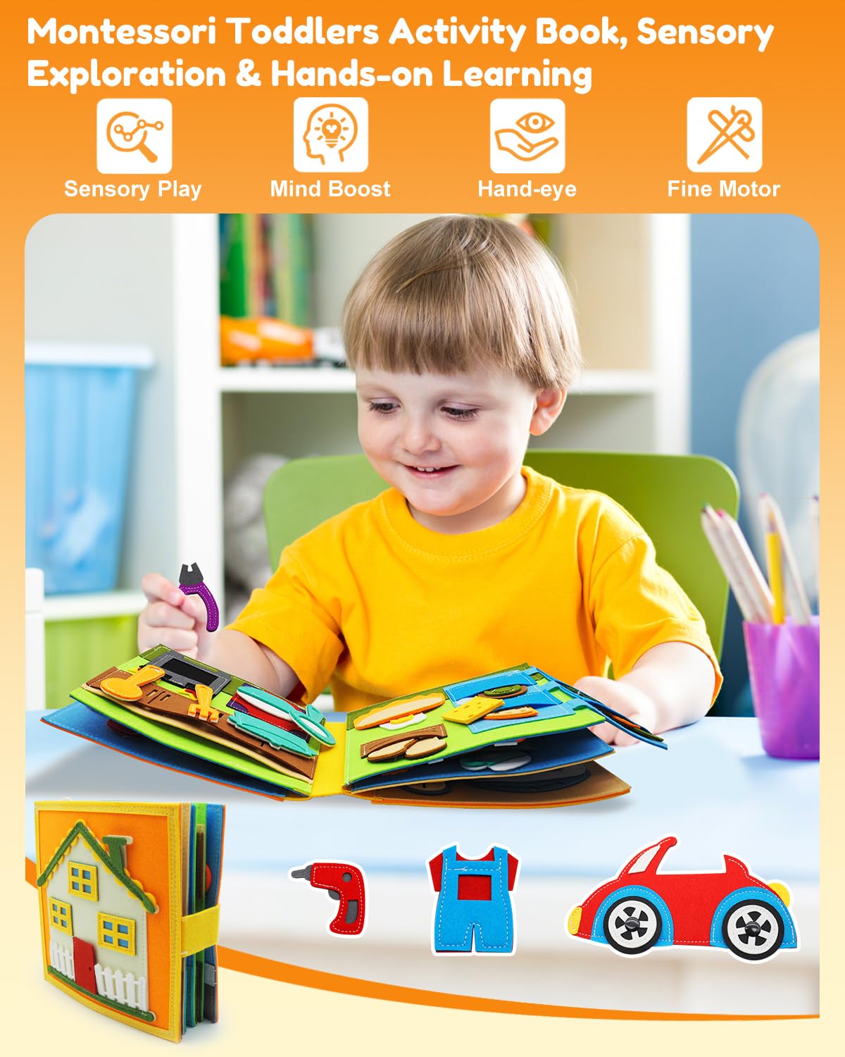 Felt Busy Book for Toddlers 1-3, Montessori Busy Board for 1 Year Old, Quiet Book Airplane Travel Toys, Sensory Early Learning Educational Toy, Car Activity Books, Kids 3-5, Pretend Play Boys Gifts