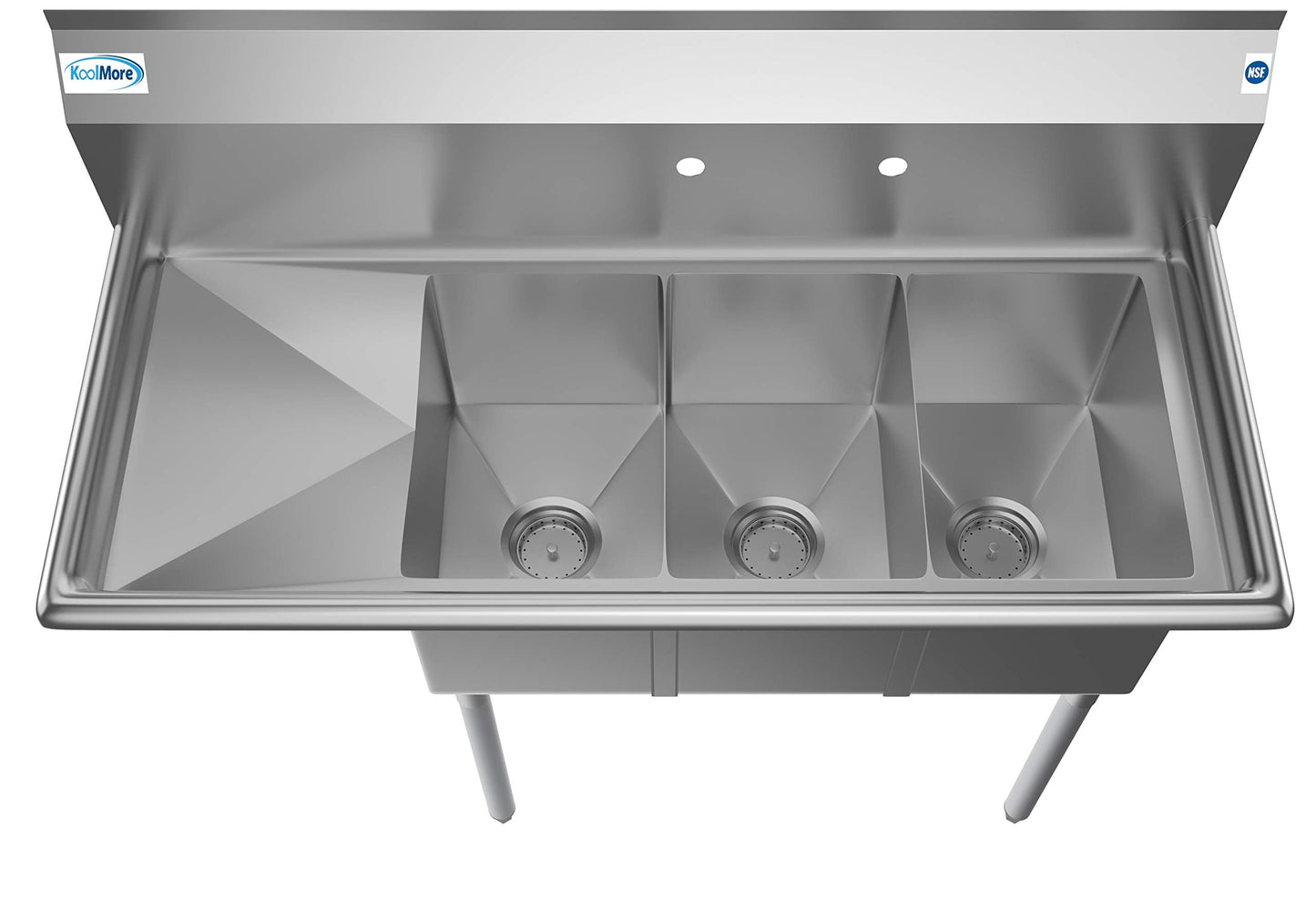 KoolMore - SC101410-12L3 3 Compartment Stainless Steel NSF Commercial Kitchen Sink with 1 Drainboard - Bowl Size 10" x 14" x 10", Silver