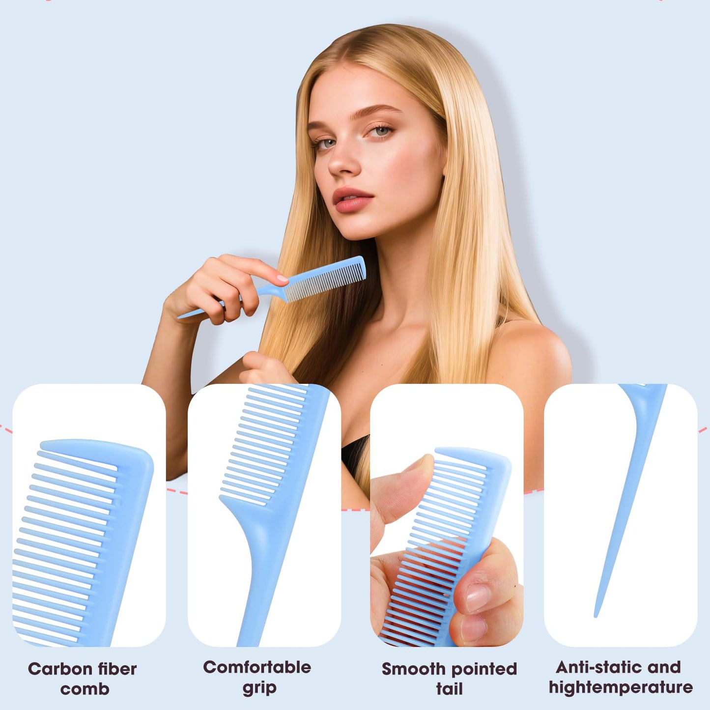 Rat Tail Comb Set-3Pcs Rat Tail Hair Teasing Fine Tooth Combs for Women Girls, Parting &Hair Styling Tools(Black Pink Blue)