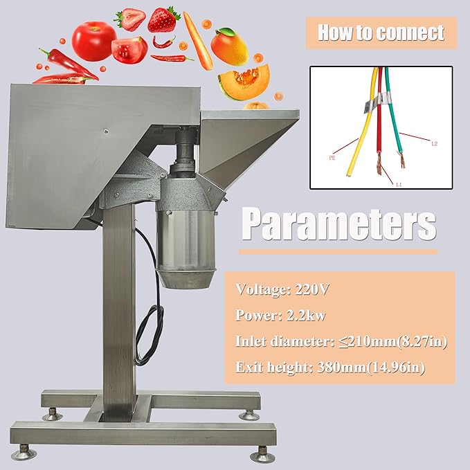 Fruit and Vegetable Crushing Machine Vertical Stainless Steel Food Processor Chopper Fruit Crusher Shredder Electric Garlic Potato Mashing Equipment for Purees Dips and Sauces 220V No Plug