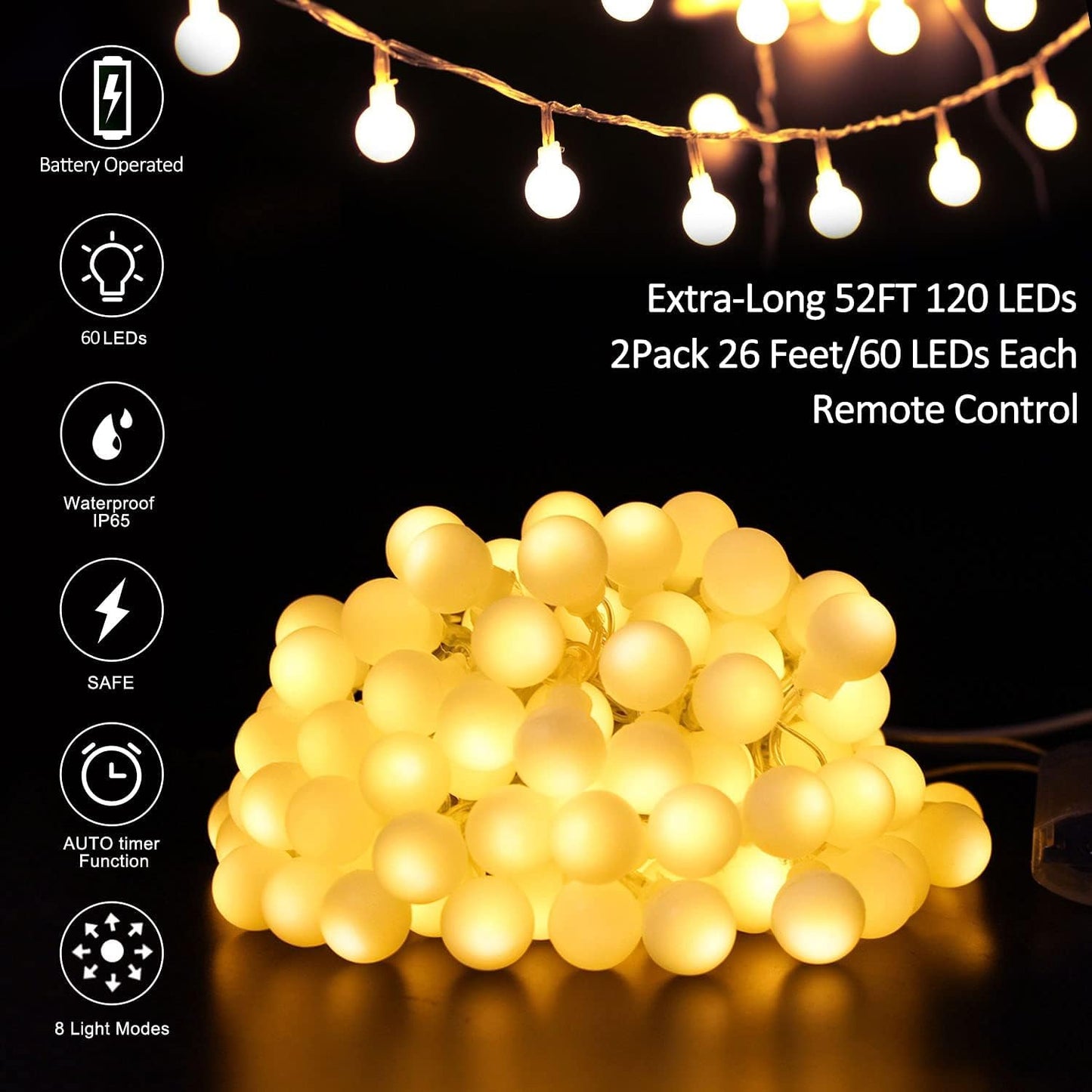 Ghustar Battery Operated Led Globe String Lights, 52Ft 120Leds, Warm White, 8 Modes, Waterproof, Remote For Home & Party Decor