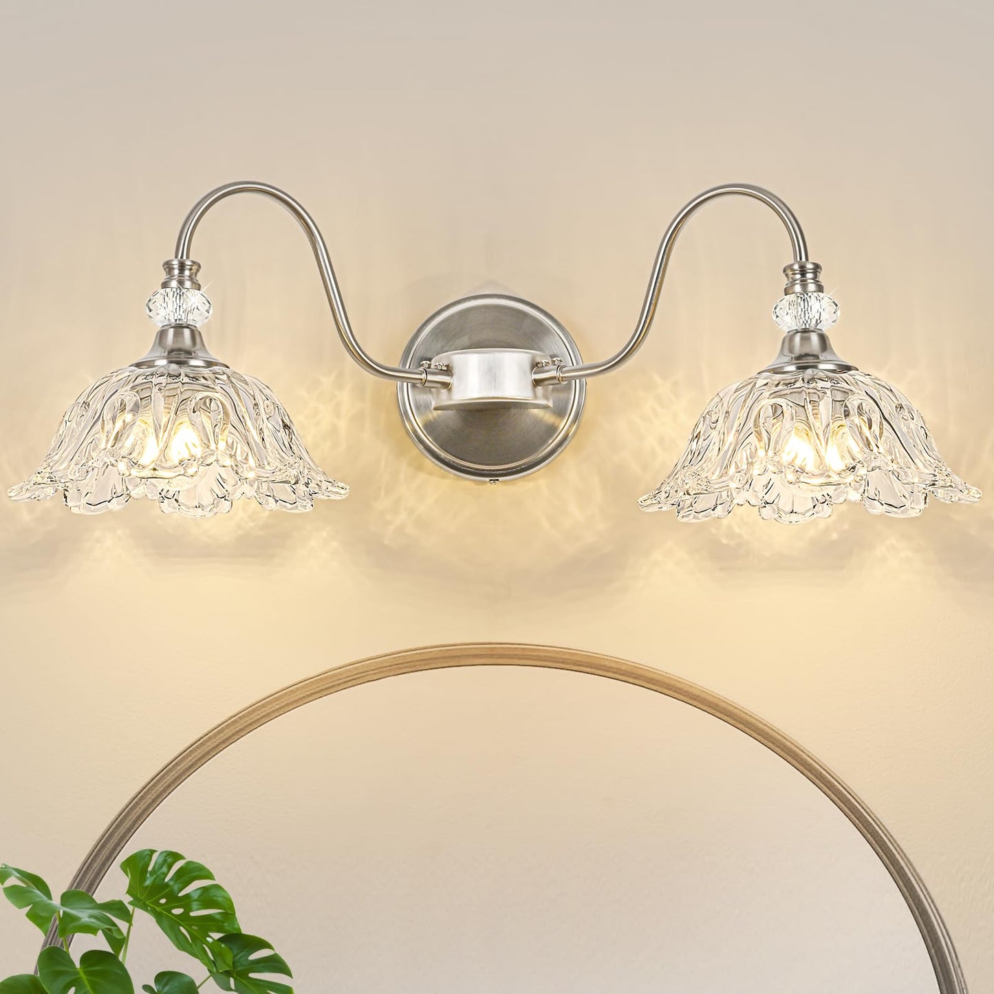 Sunkryster Brushed Nickel Bathroom Vanity Light  2-Light Vanity Light With Floral Clear Glass Shades  Nickel Wall Mount Lighting For Bathroom  Dressing Table