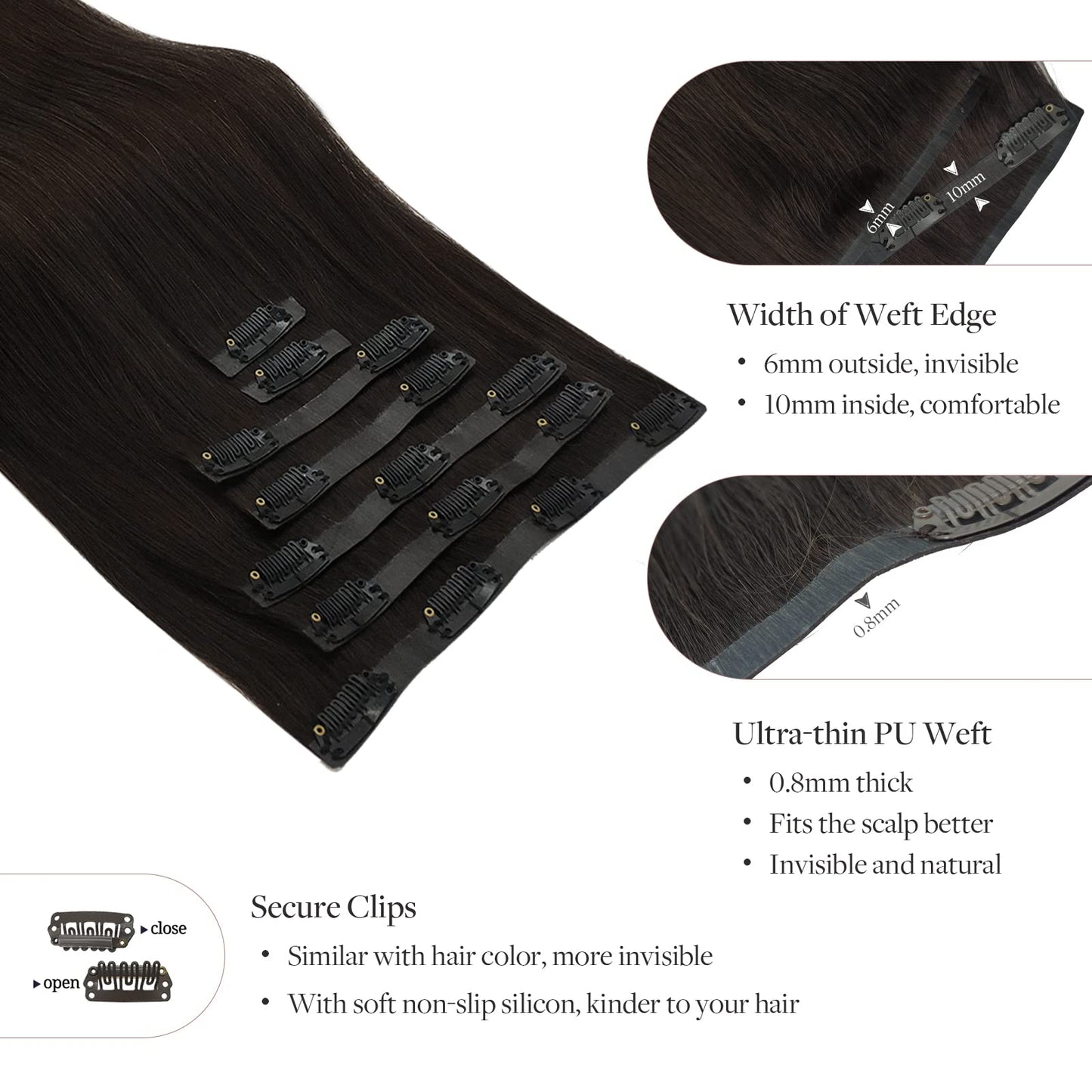 MAXITA Remy Human Hair Seamless Clip in Extensions, 22 Inch 7PCS Dark Brown,15Og Thick Invisible Natural Straight Hair Extension
