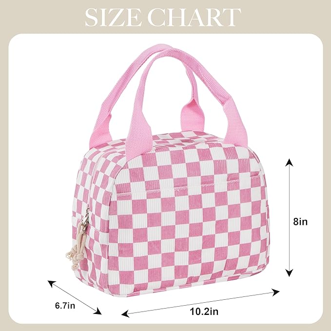 Lunch Bag for Women Checkered Insulated Lunch Box Reusable Cooler Bag Portable Cute Corduroy Leakproof Tote Bags for Travel, Work, and Picnic