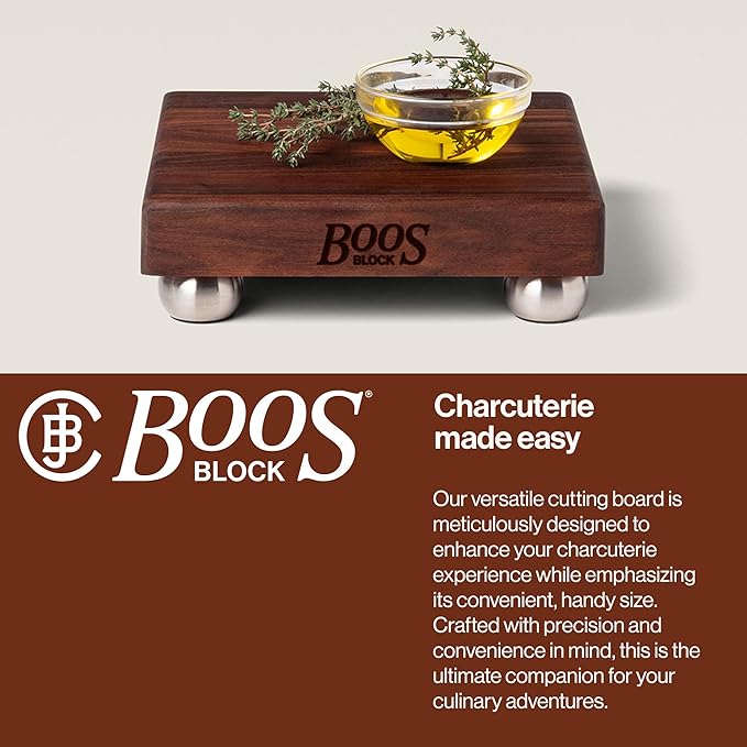 John Boos B Series Square Wooden Walnut Cutting Board 12”x12” – 1.5” Thick, 5-lb Non-Reversible Butcher Block with Stainless Steel Bun Feet & Edge-Grain