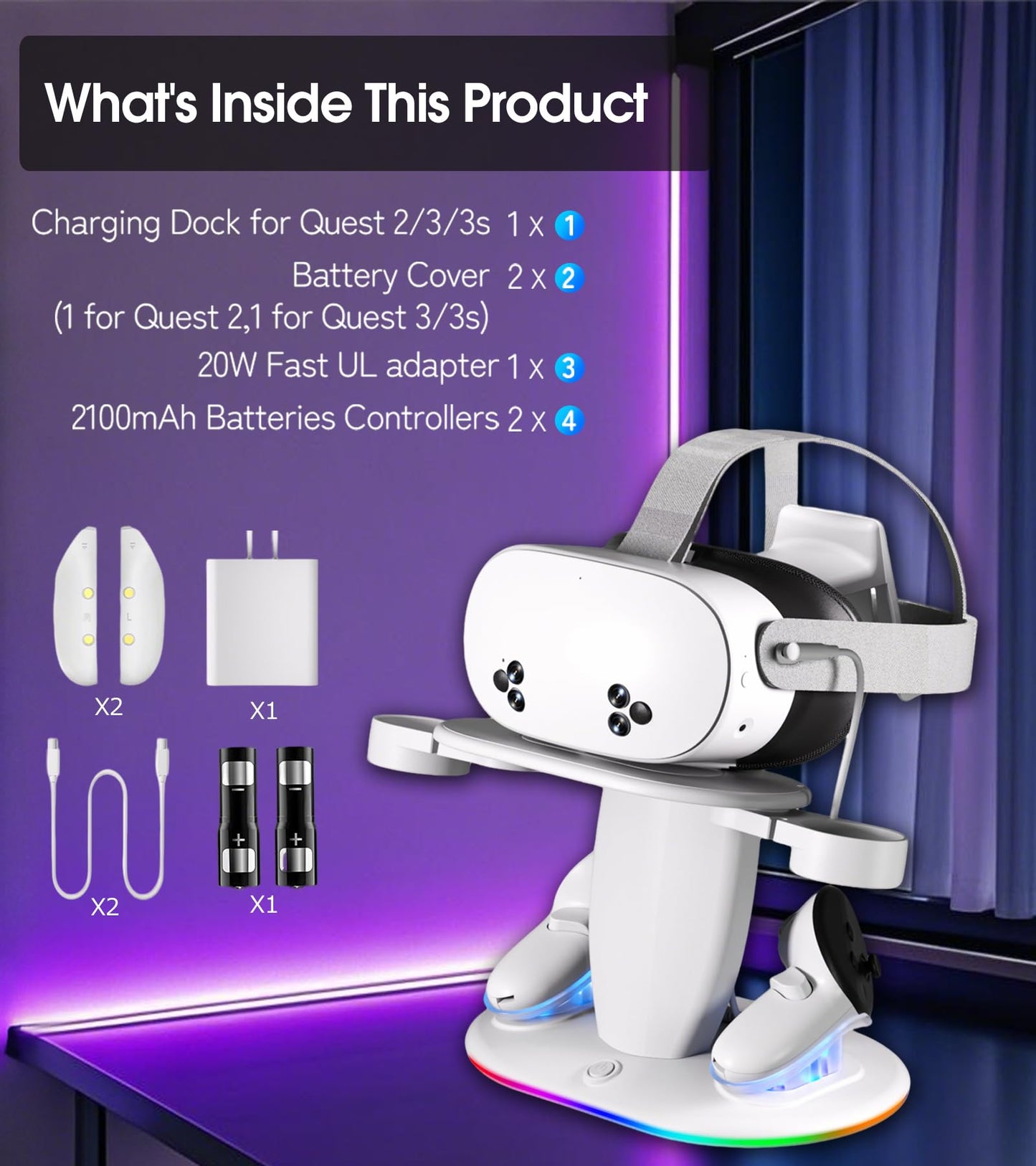Charging Dock for Meta Quest 2/3/3S,VR Headset Charging Dock and Controllers with RGB Light, USB-C Charger and Cable, Fast Charging Station