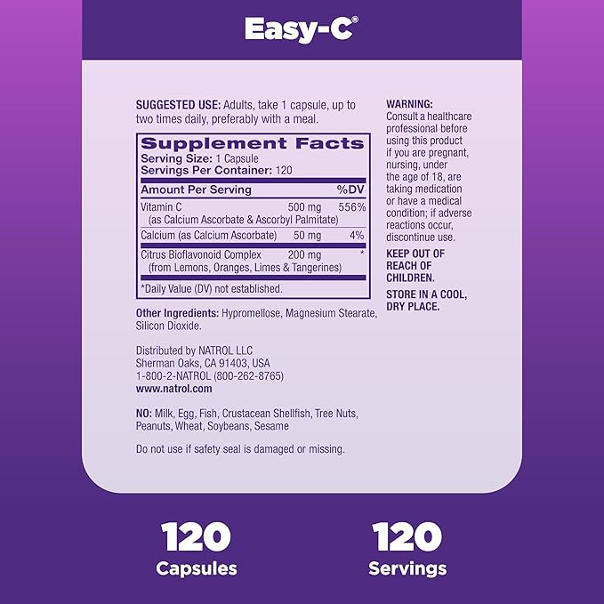 Natrol Easy-C Immune Health, Dietary Supplement, Supports Immune Health with Vitamin C and Bioflavonoids, Veggie Capsules, 500 mg, 120 Count