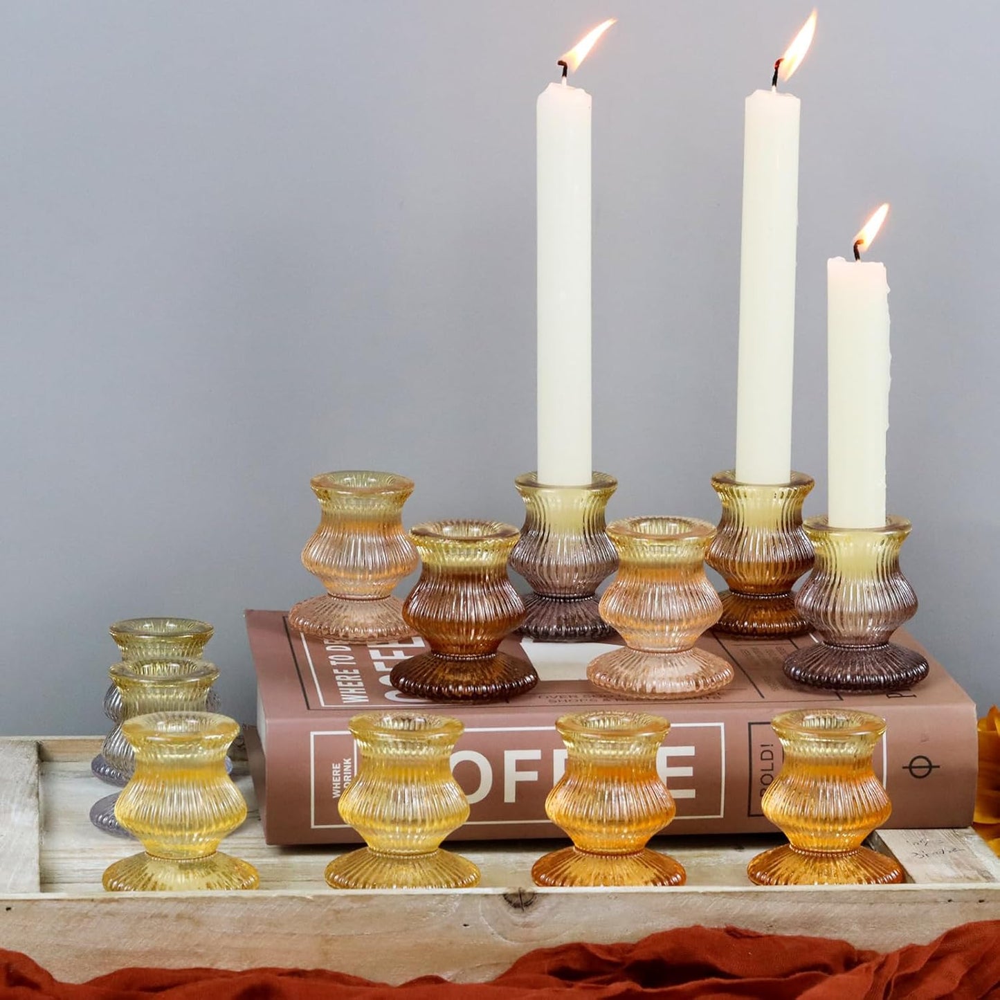 WDHODEC Orange Candlestick Candle Holders 12PCS Glass Taper Candle Holders for Table Centerpiece Colorful Gradient Candle Sticks for Wedding, Party and Festival Decoration