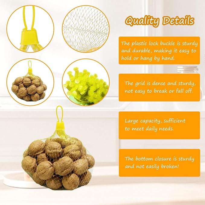 Limso 100 PCS Seafood Boiling Bags, 24 Inch Seafood Bag Onion Bag Mesh Nylon Netting, Reusable Mesh Produce Bags, With 100 Pcs Loop-Style Closures (Yellow)