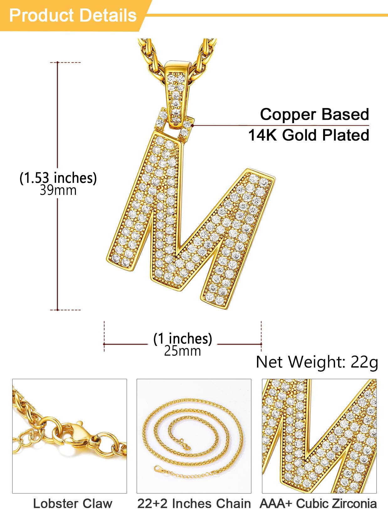 U7 Mens Gold Plated Chain with Initial Bling Hip Hop Costume Jewelry Letter Pendant M Necklace