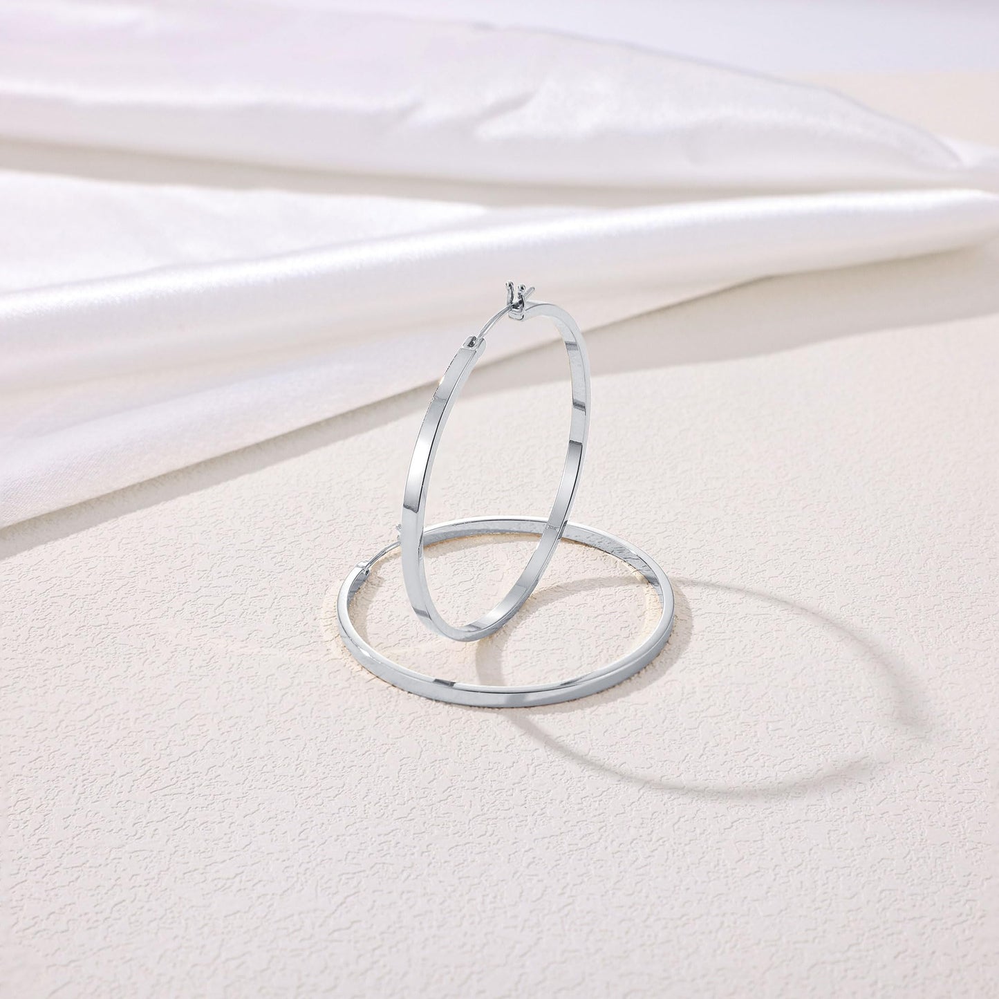 Gacimy Silver Hoop Earrings for Women, 14K White Gold Plated Flatted Hoops with 925 Sterling Silver Post, 50mm Big Earrings for