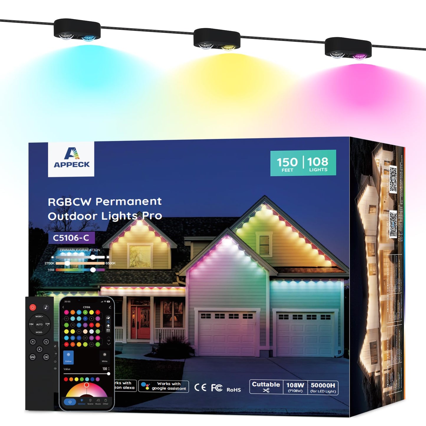 APPECK Permanent Outdoor Lights Pro 150ft, 108W RGBCW Eaves Light with 108 LED Lights, 80lm, Cuttable, 111 Scene Modes, IP67 Wat