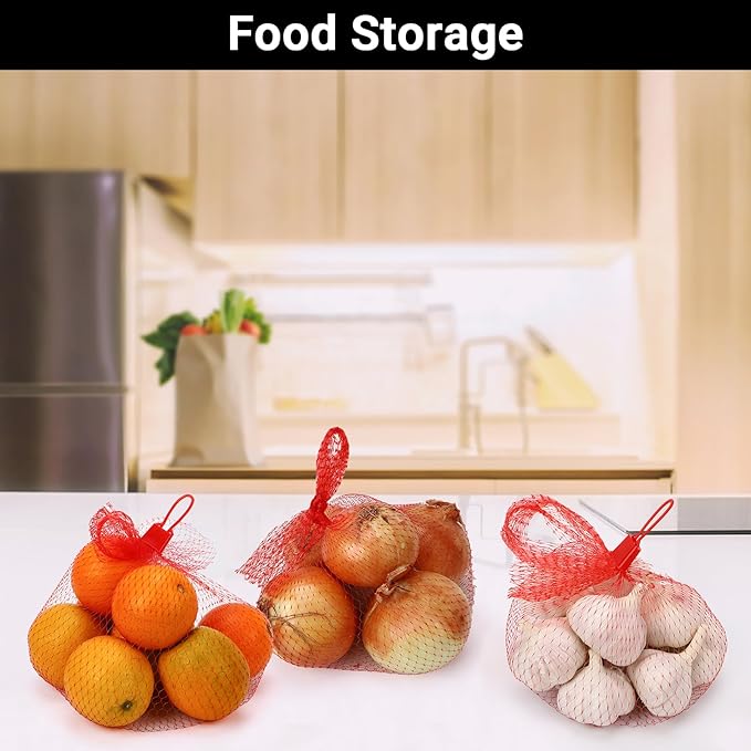 100 Pack Reusable Produce Bags, Mesh Netting with Loop-Style Closures, Onion Bags Mesh Bags for Vegetables, Melon Cradle for Garden Trellis Fruit Hammock Onion Storage, 19.7 inch Red