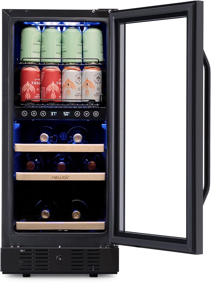 NewAir 15" Wine and Beverage Refrigerator 9 Bottle and 48 Can Capacity, Beverage Cooler in Stainless Steel, Built-in or Freestanding Dual Zone Drink Fridge with Triple-Pane Glass Door