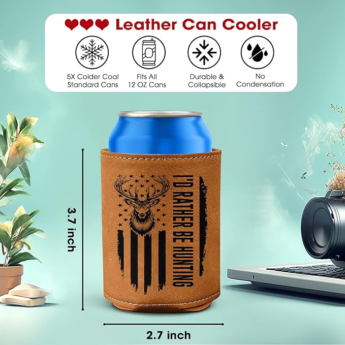 Hunting Gifts for Men – Leather Beer Can Cooler – Christmas, Birthday Gift for Hunters – Hunting Present for Dad, Husband, or Friend – Durable Collapsible Leather Can Holder