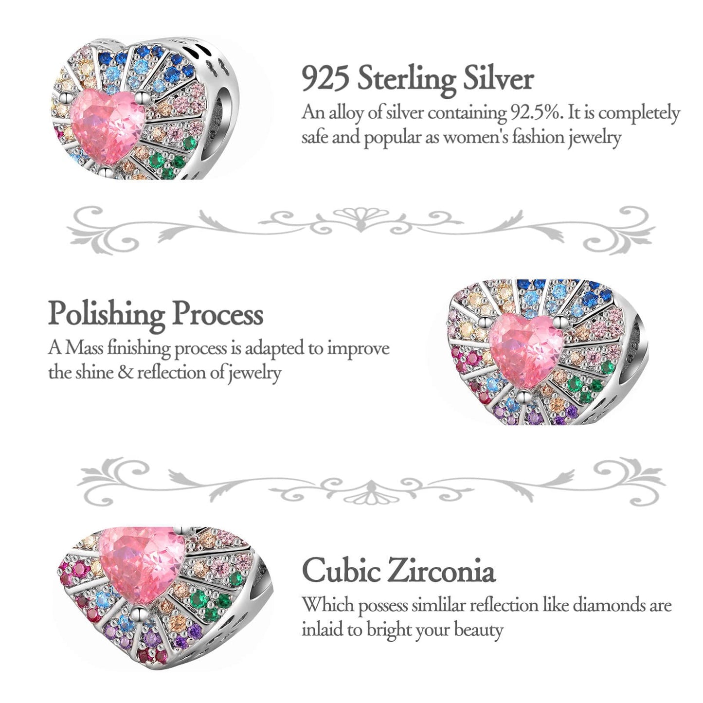 dazlily Colorful Sparkling Levelled Hearts Charm 925 Sterling Silver Charm fit Bracelets Necklaces