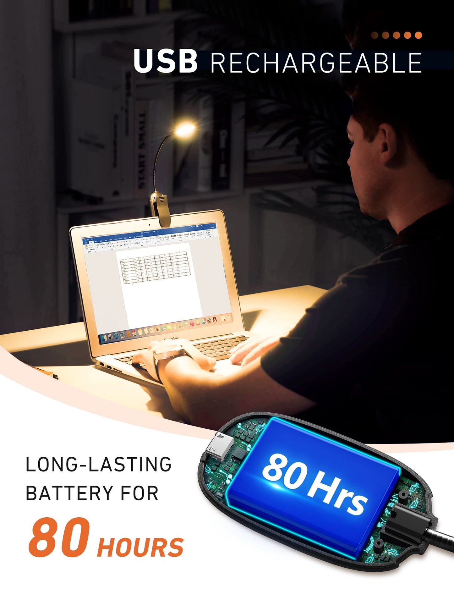 Monotremp LED Book Light, Rechargeable, 80 Hours Runtime, 3 Brightness Levels, 3 Color Temperatures, Model MT538, Lightweight 1.3 oz