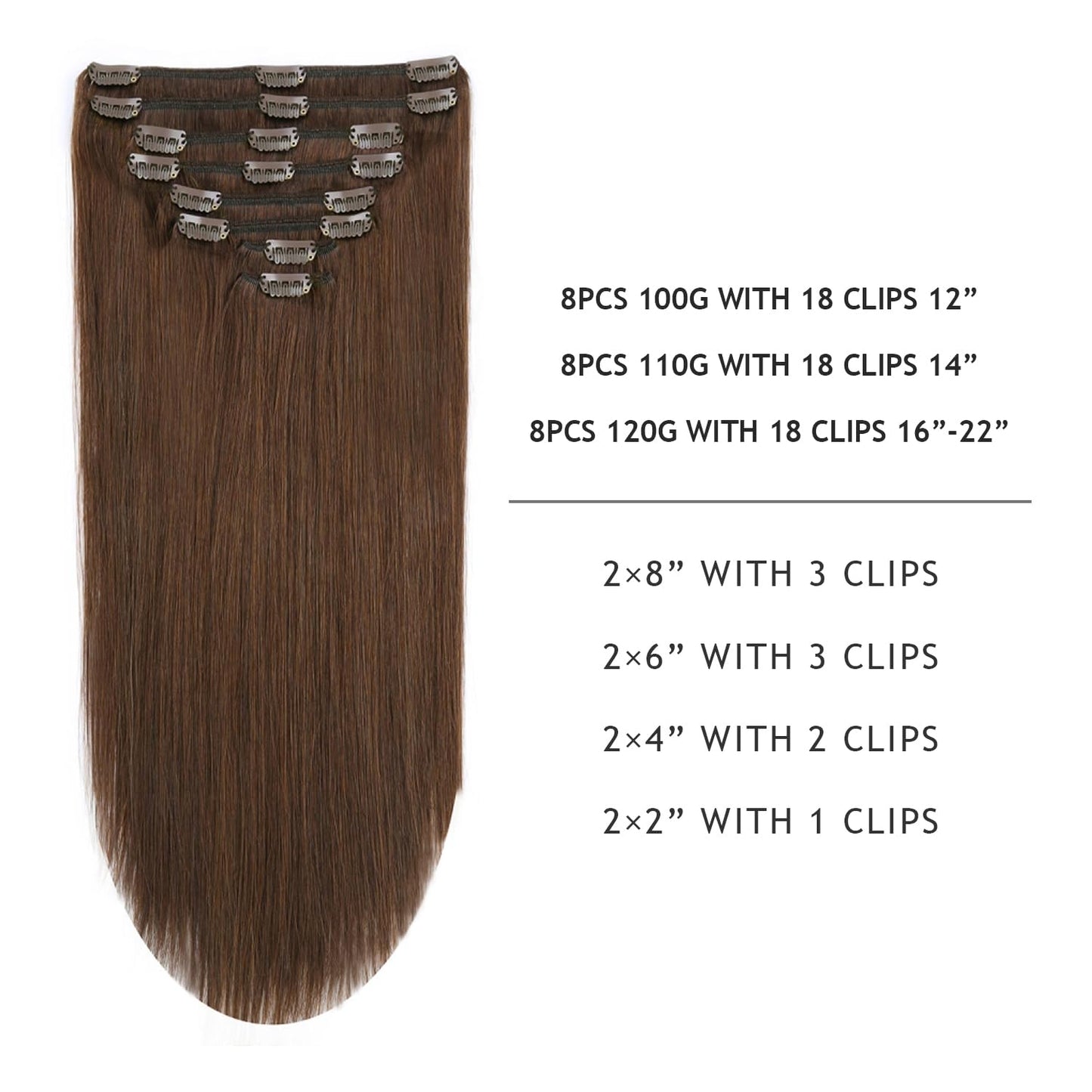 YILITE Hair Extensions Clip in Human Hair 100% Remy Real Hair 110g 8Pcs Chocolate Brown Straight Silky Hair Double Weft Clip ins