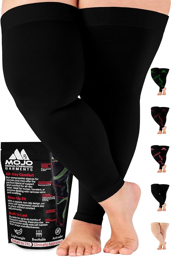 Mojo Compression Socks - 20-30mmHg Graduated Support Thigh-Hi Leg Sleeves with Grip Top - 10 Sizes, 5 Colors - Reduces Swe...
