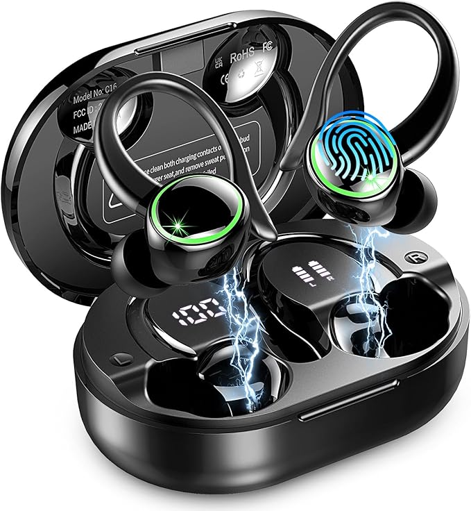 Wireless Earbuds Sports, Bluetooth 5.4 Headphones Hifi Stereo, 50H Playback Over-Ear buds with ENC Noise Cancelling Mic, E...
