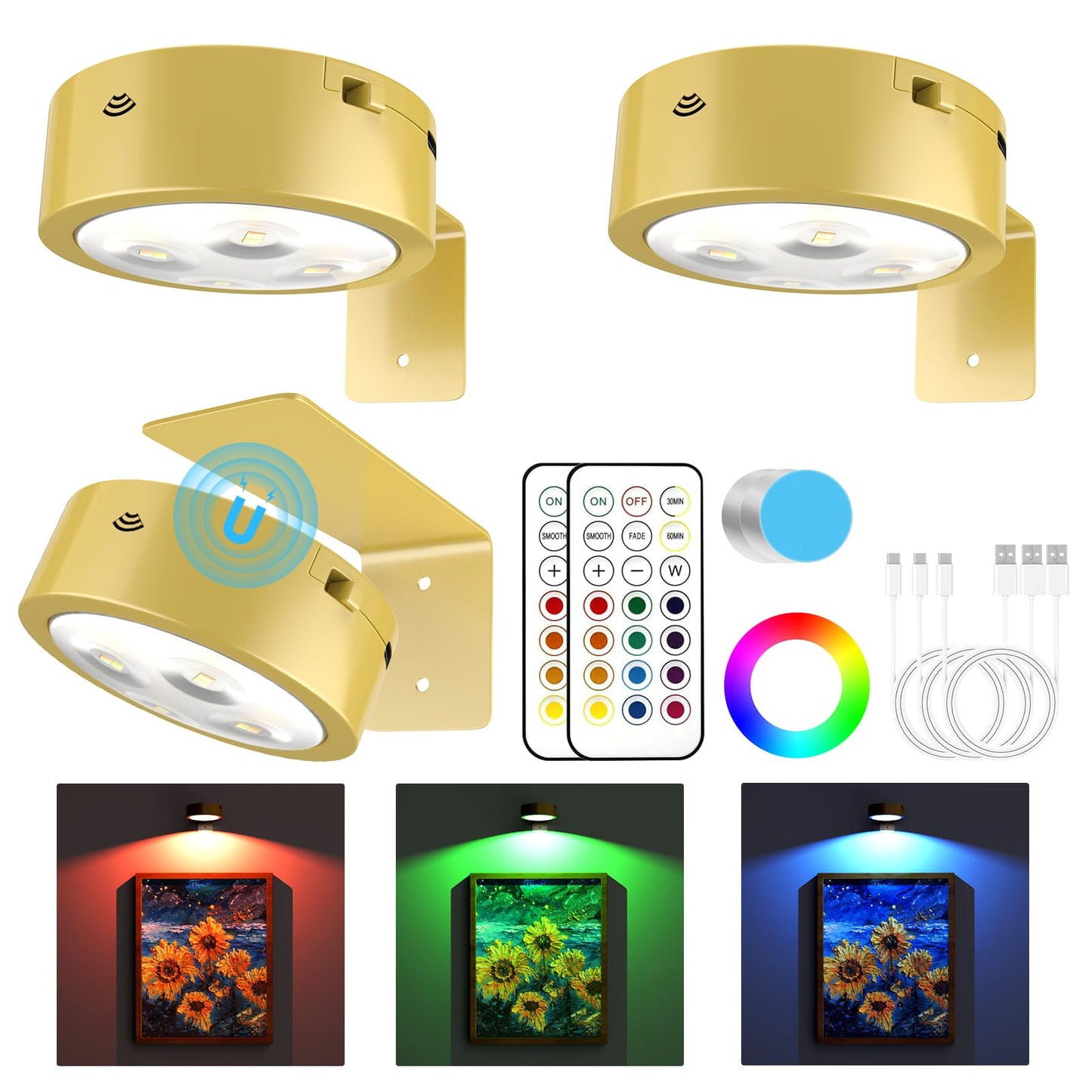 Narotood 3 Pack Picture Lights, Rechargeable RGB Battery Operated, Wireless Magnetic, Remote Control Timer, Golden