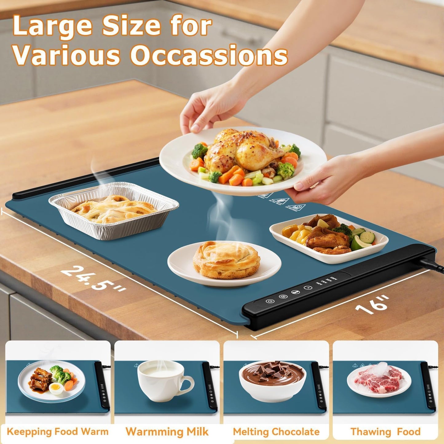 MealHelper Warming Mat for Food, Portable Food Warming Mat for Countertop, Full Surface Electric Warming Tray with Safety Lock, 4 Temp Levels & 6-Hour Timer for Thanksgiving, Xmas Parties Use (Teal)