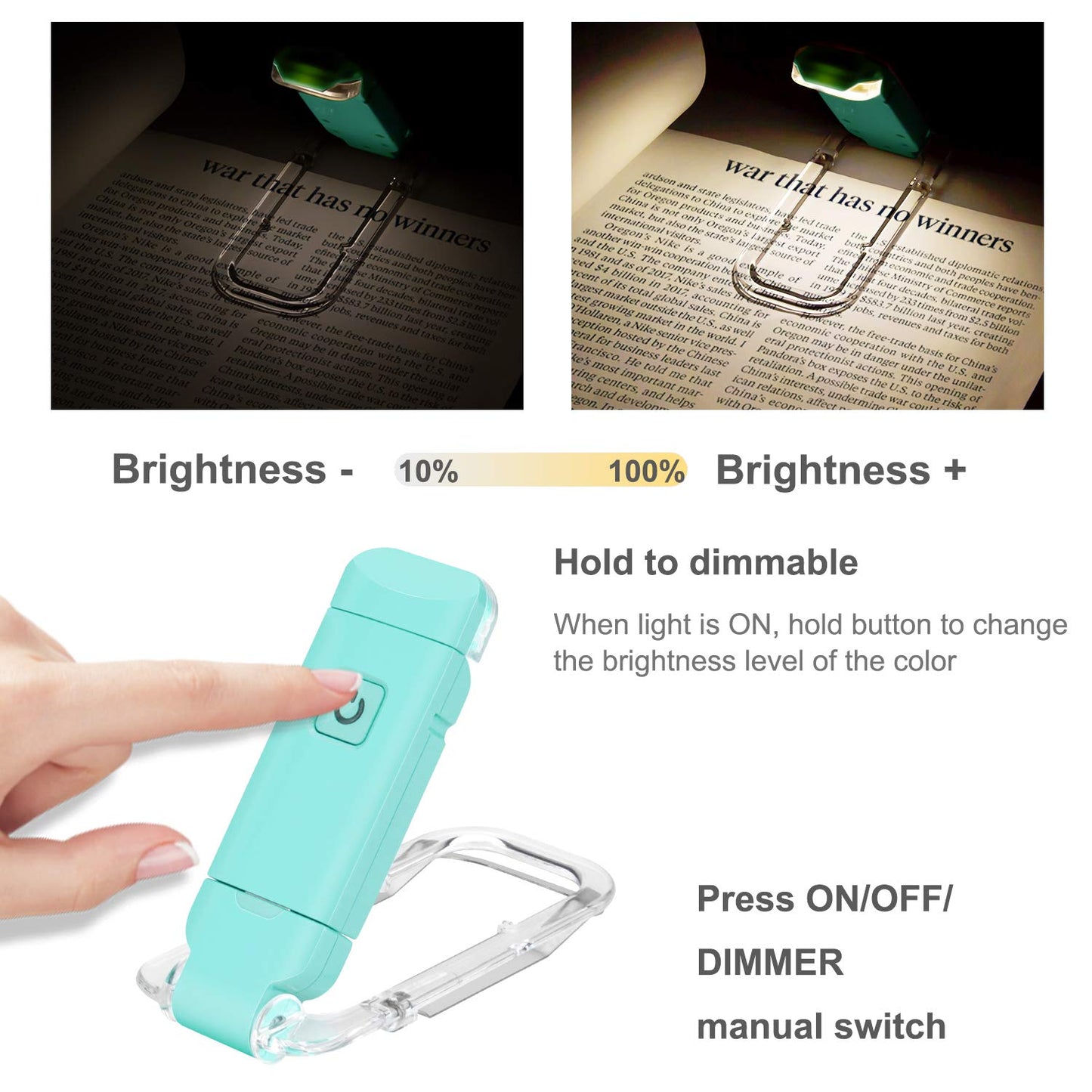 HONWELL Rechargeable Clip On LED Reading Light, 3 Brightness Levels, Portable Bookmark Lamp, Blue, Model H008YW-B