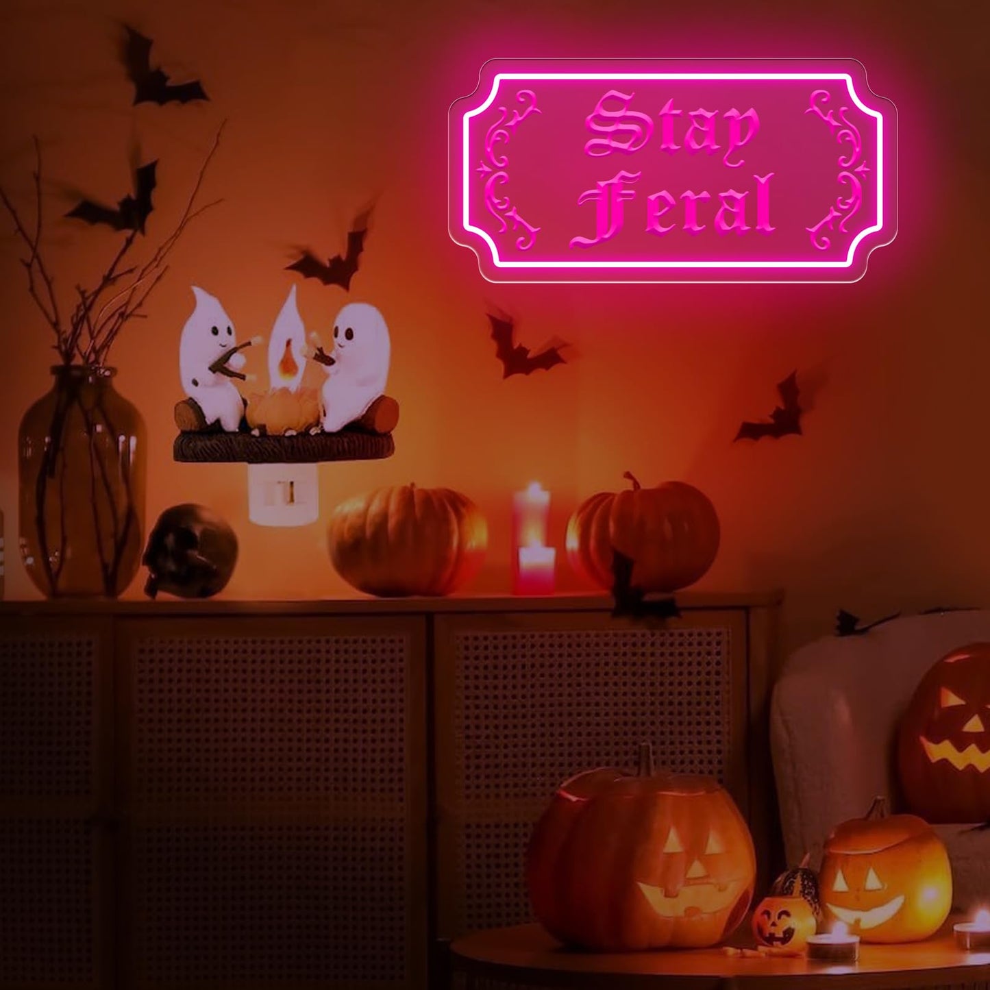 Stay Feral Neon Sign Gothic Decor Led Light Goth Lover Gift Halloween Decoration Bat Neon Sign Decor Ghost Spooky Wall Art  15.7X7.9  Pink