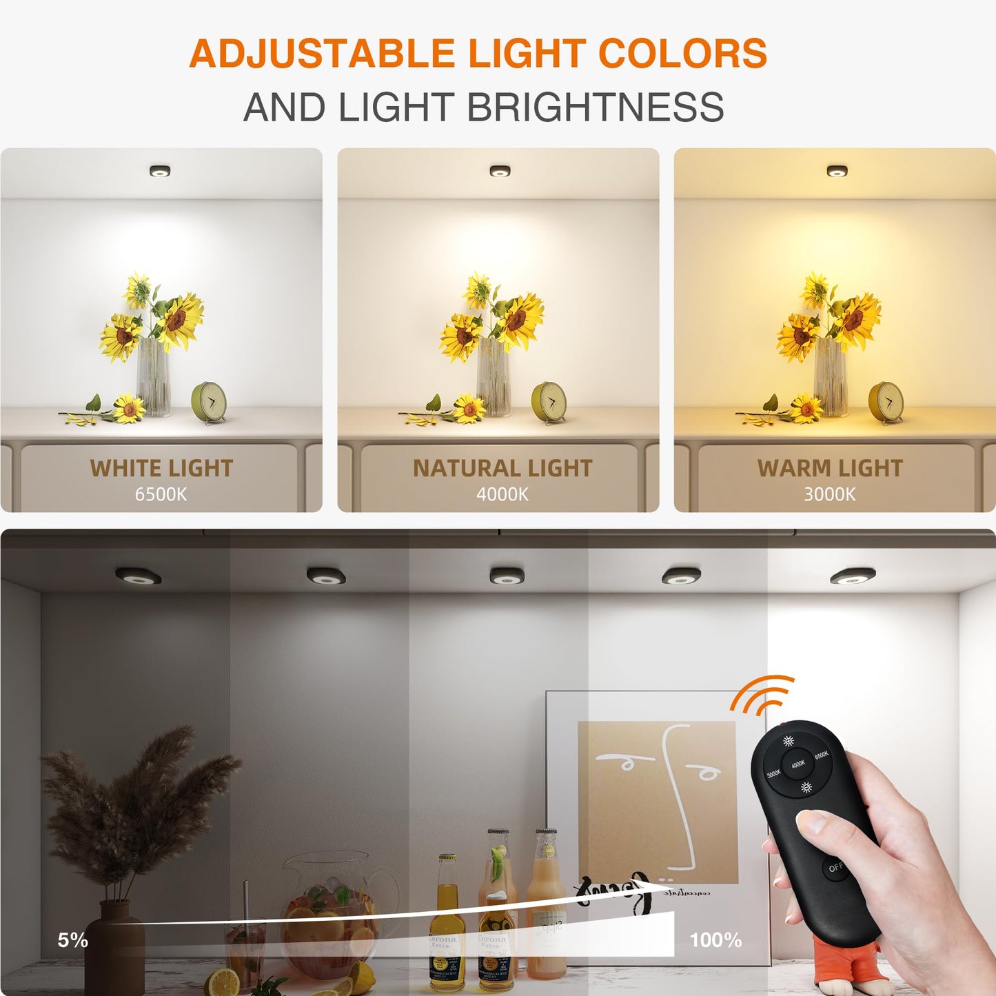 MICLIONLED Rechargeable Mini Puck Lights, Remote Control, Adjustable Brightness (10%-100%), 3 CCT, 6 Pack, White, Model M3-GB15