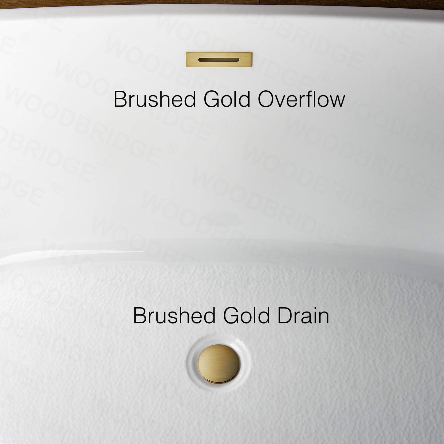 WOODBRIDGE 59" Acrylic Freestanding Bathtub Contemporary Soaking White Tub with Brushed Gold Overflow and Drain，B0085-BG-Drain&O