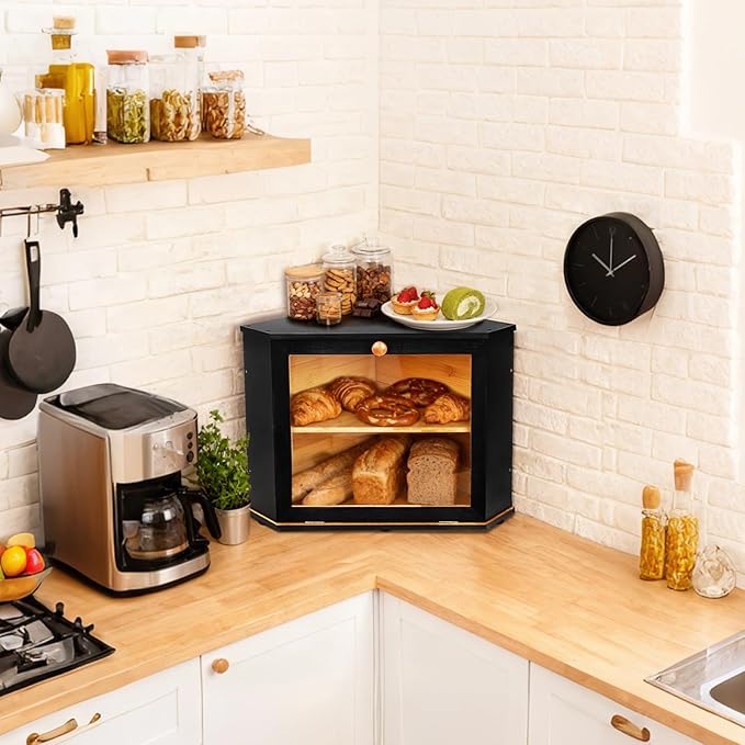 Bamboo Corner Bread Box for Kitchen Countertop, Black Bread Storage Box, Double-Layer Round Wooden Breadbox with Acrylic Transparent Window installed under cabinets, Store Various Foods and Items