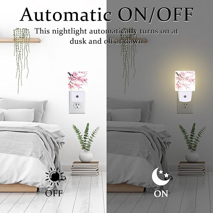 Watercolor Cherry Blossoms Tree Night Light for Kids,Abstract Pink Floral Night Light Plug in with Dusk to Dawn Sensor,0.5w Energy Saving Nightlight for Hallway Stairway Kitchen Bedroom