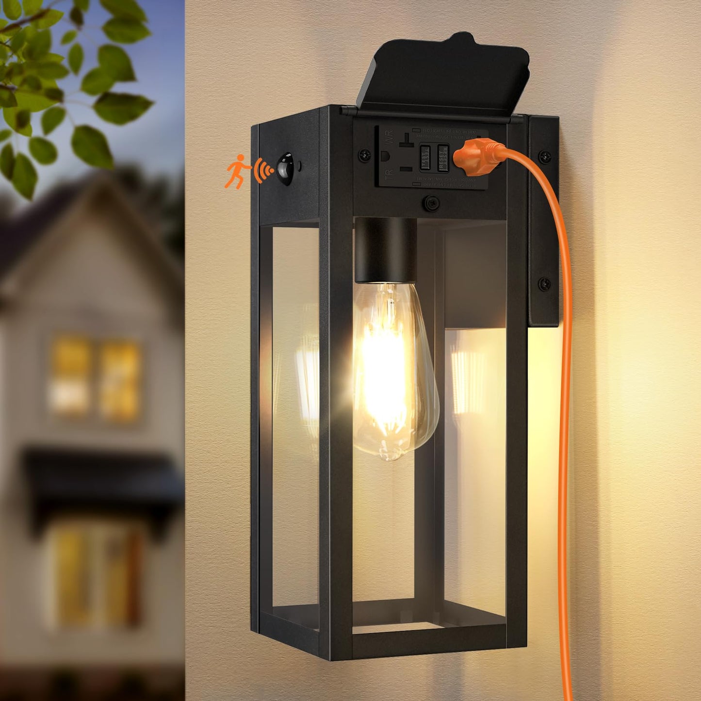Oykyohei Porch Lights With Gfci Outlet  Dusk To Dawn Motion Sensor Outdoor Lights  2 Lighting Modes Waterproof Anti-Rust Wall Sconce Lantern  Outside Light For House  Black
