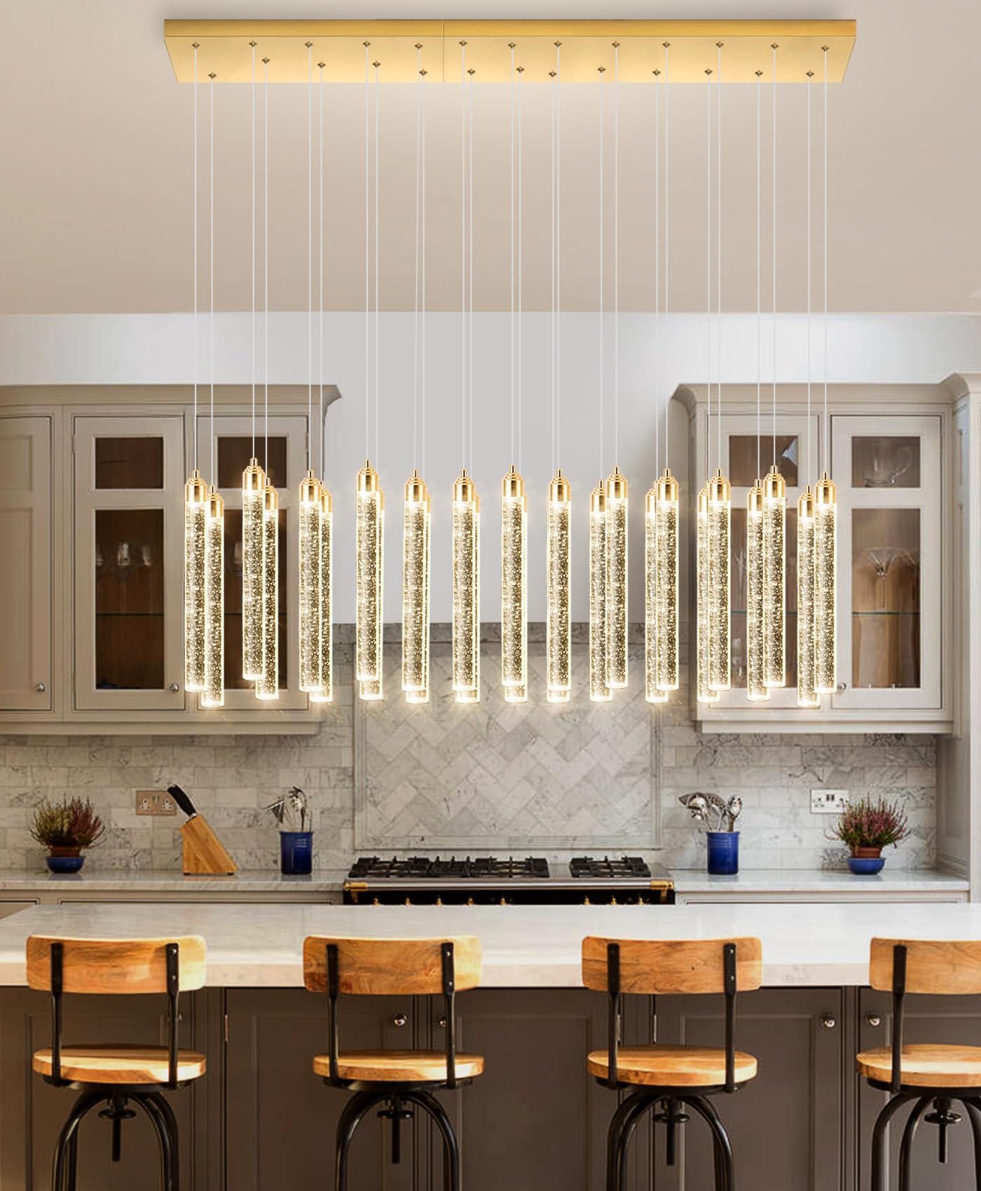 Rectangular Chandeliers 26-Lights Long Light For Entryway Led Dimmable Chandeliers Lighting Fixture Flat Sloped High Ceiling Pendant Lights Crystal For Living Room Foyer Hallway Staircase Gold