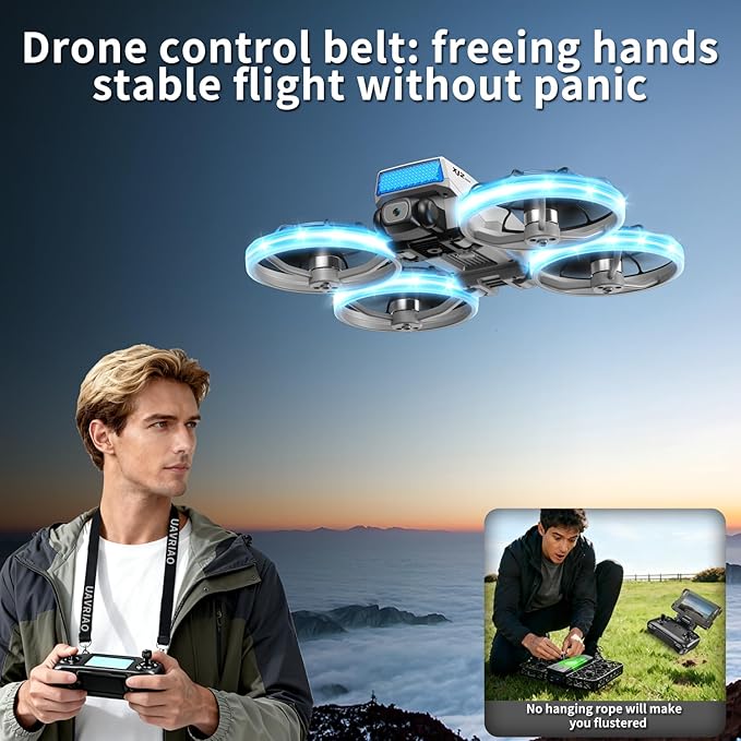 Foldable RC Drone with 1K HD Camera, Upgraded Foldable Remote with Detachable Lanyard, 2 Batteries & Carry Case - Safe Propeller Guard, 3D Flips, One-Key Takeoff/Landing, Ideal Gift for Beginners and Adults