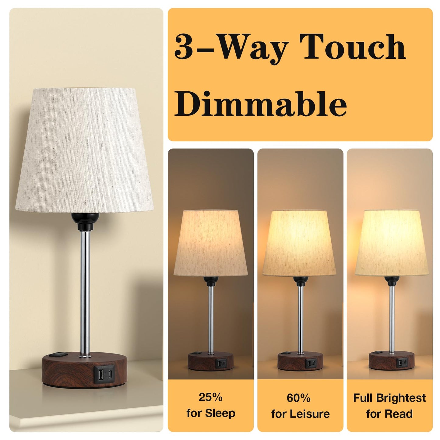 Acaxin Reddish Brown Bedside Lamps Set of 2, 3 Way Dimmable Touch Control, USB C Port, AC Outlet, Model ACA-TL20-Beige-Brown Wood