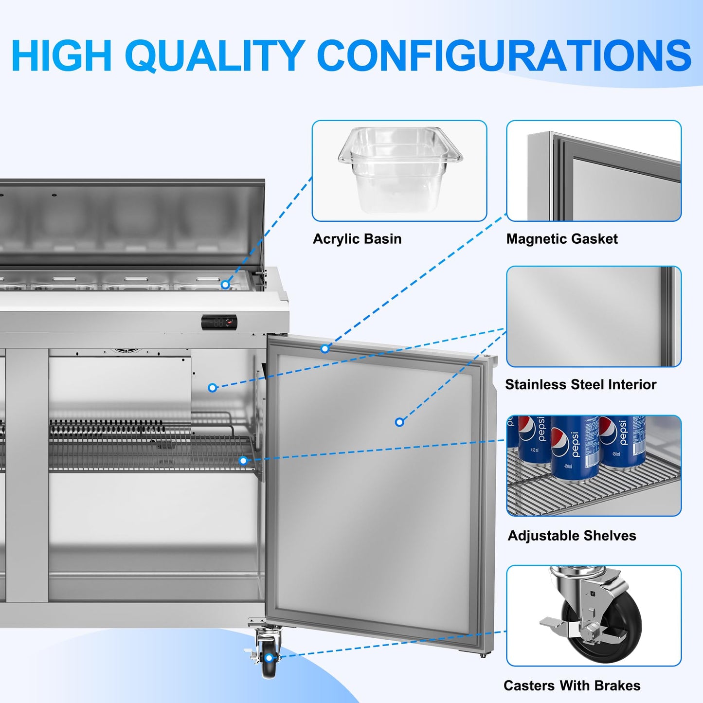 Rockitch 48" W Commercial Refrigerator Sandwich Salad Prep Table Refrigerator, 13.8 Cu.ft Stainless Steel Commercial Kitchen Refrigerated Equipment with 12 Pans for Restaurant, Bar, Shop, etc.