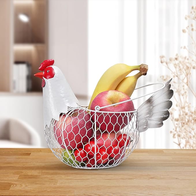 Farmhouse Rustic White Chicken Wire Metal Egg Basket With Handle,Vintage Rooster Decorative Chicken Shaped Fruit Basket Bowl for Kitchen Countertop Living Room Home Farm Table Decor