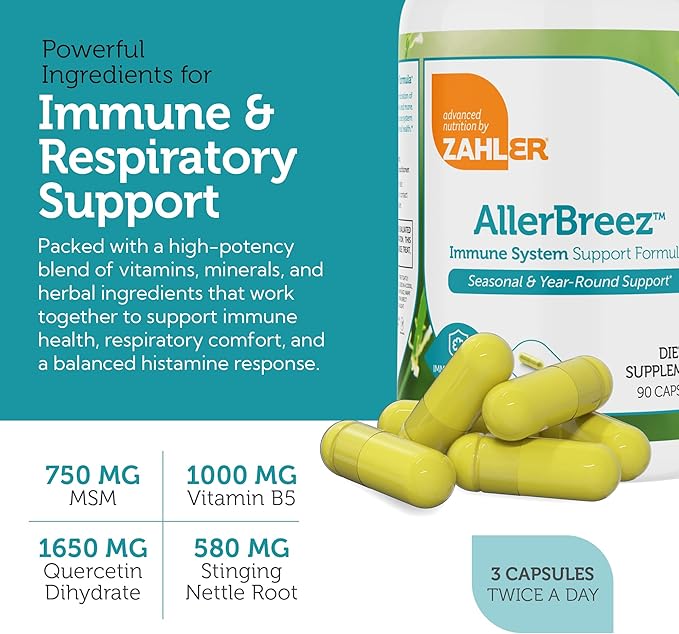 Zahler AllerBreez Immune System Support Formula with Vitamin C, Quercetin, Vitamin B5, MSM & Stinging Nettle - Seasonal & Year-Round Immune Support Supplement, Dhist Allergy Supplement (90 Capsules)