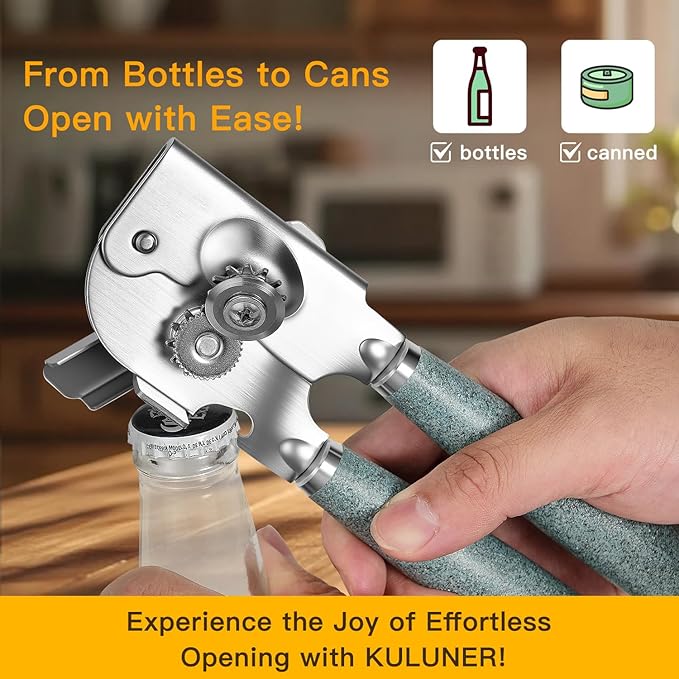 Upgraded Efficient Manual Can Opener - Selected Solid Wood Handle, Sharp and Smooth Blade Edge, Portable Design, Easy-Open Large Knob, Versatile for Various Bottle Caps（Stone grain）