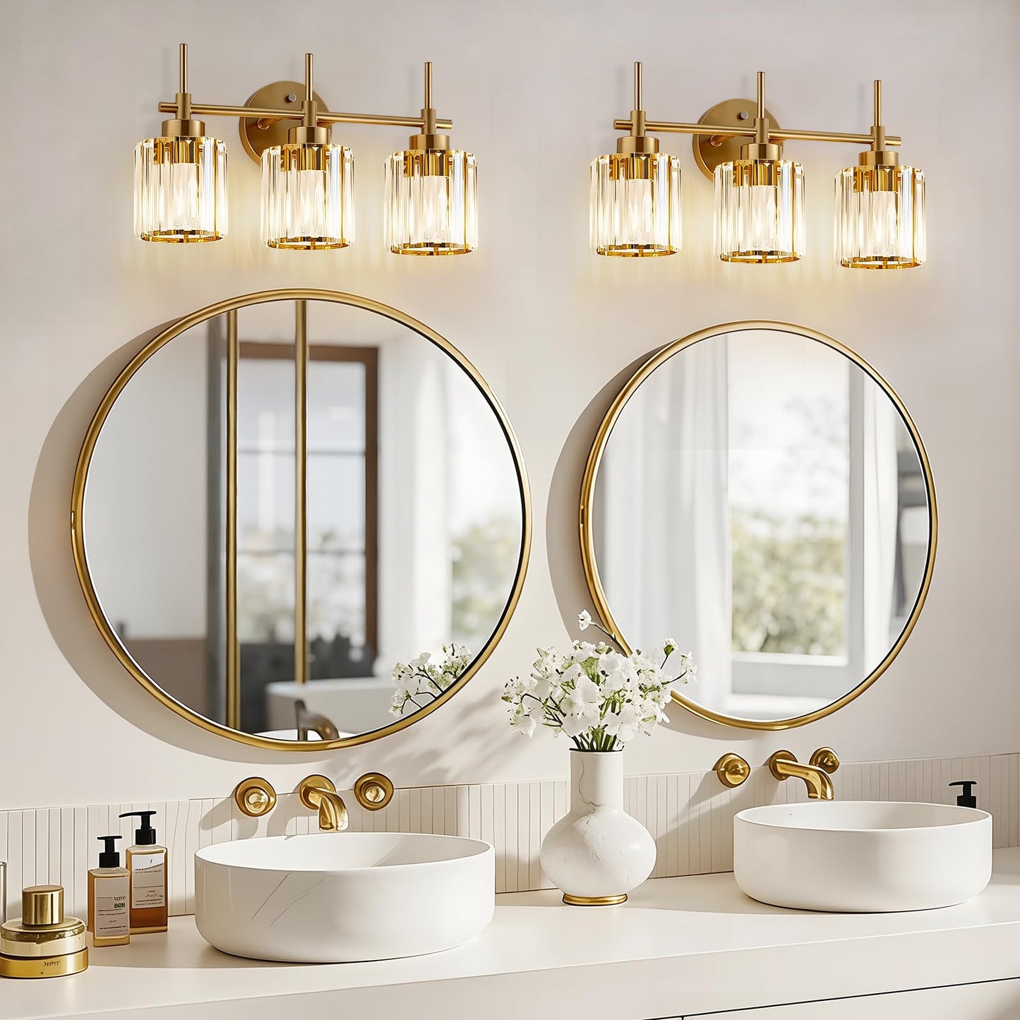 EJIAXIN Bathroom Lighting Fixtures, 3 Light Gold Bathroom Light Fixtures with Clear Shades Modern Crystal Vanity Light Bath Room Vanity Lighting Over Mirror Wall Light