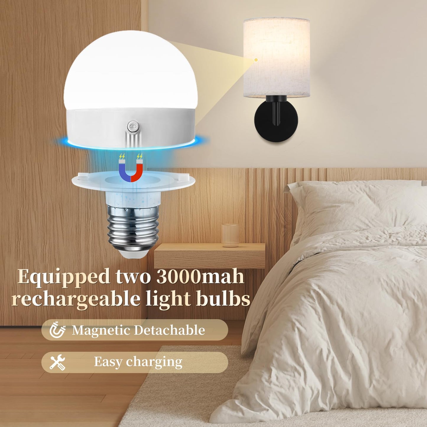 XIGUCUCN Rechargeable Wall Sconce Set of 2, Battery Operated, LED Bulb, 15 Colours Dimmable, Black, Model XG-WL03BK