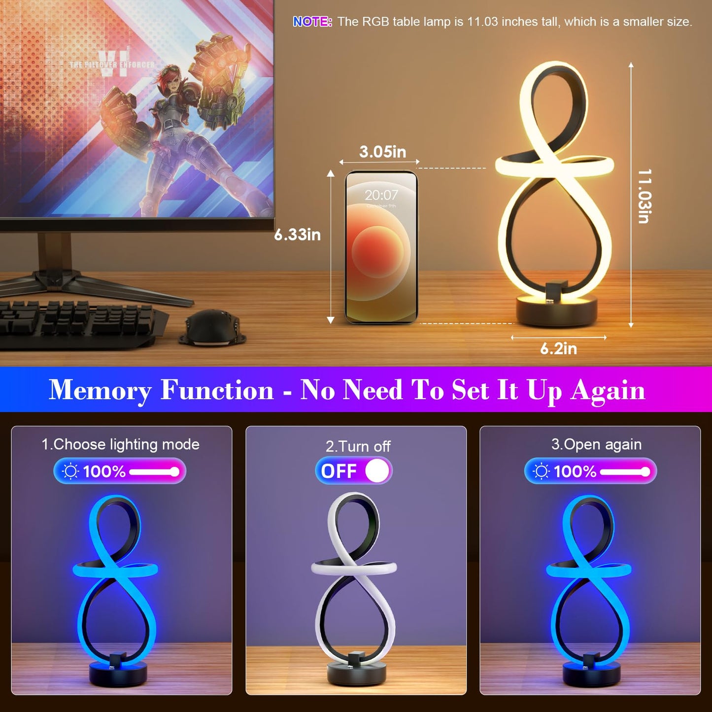 PutWish Spiral LED Table Lamp, 16 RGB Modes, Touch & Remote Control, 3-Way Dimmable, Black, Model MT7195-1