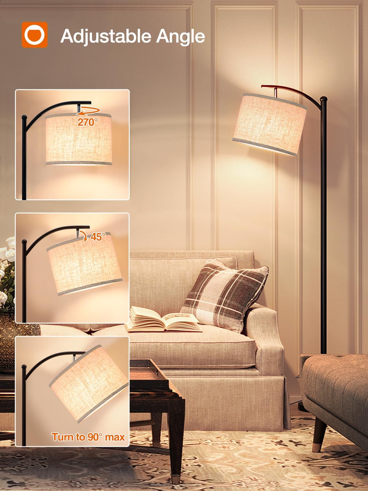 addlon Floor Lamp with Linen Shade, 64 Inch, 3 Color Temperatures, Black with Beige Shade, Model gjynf-832, 9W LED Bulb Included
