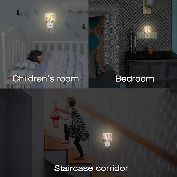 Pink Cherry Blossoms Tree and Eiffel Tower Night Light Plug into Wall,Modern Art Floral Oil Painting Dusk to Dawn Night Light,0.5w Energy Saving Nightlights for Kids Boys Girls Home