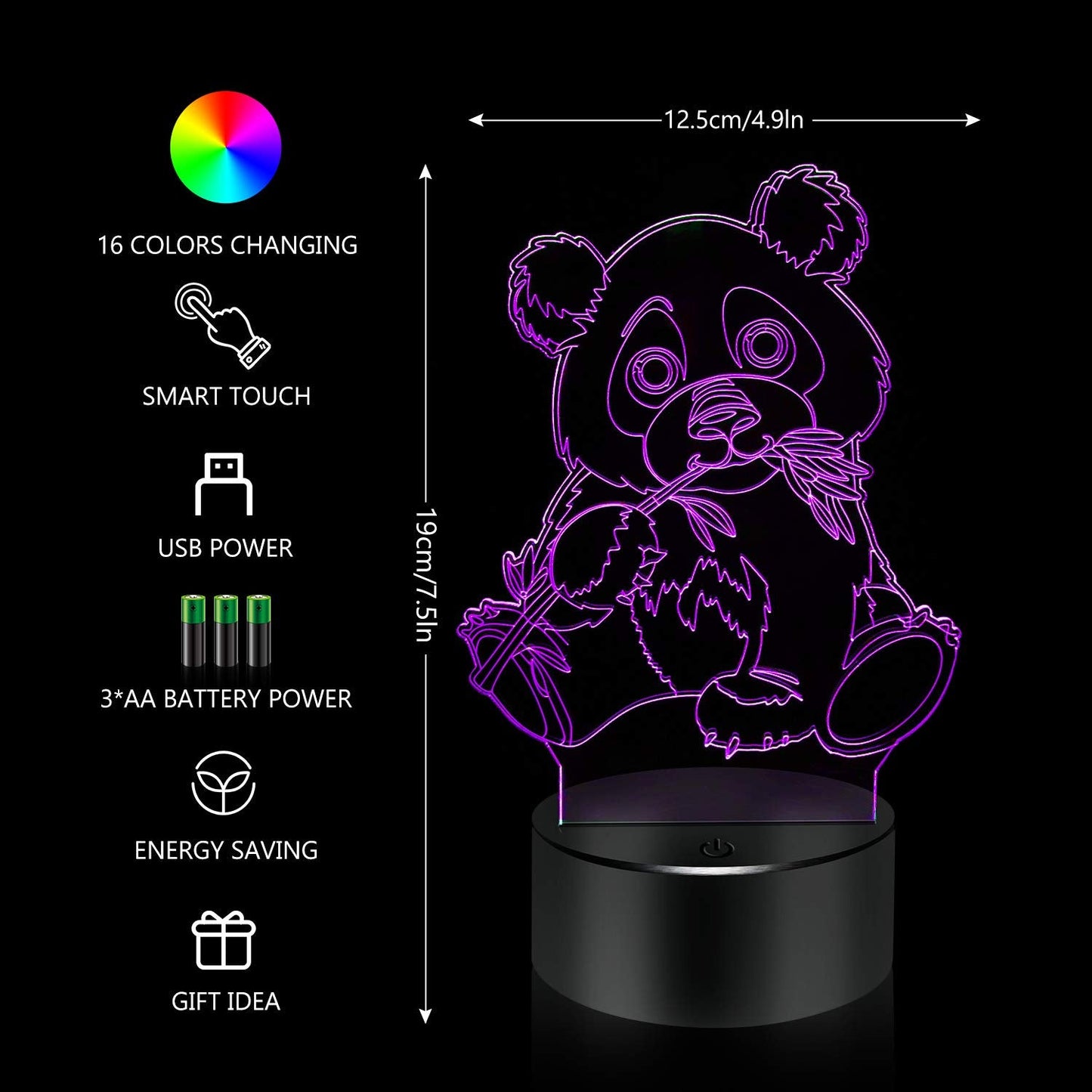 BASSI Panda Lamp - 16 Color Changing Night Light with Remote Control, Kids Gift, Model Lamp-2021-003, Acrylic, Panda Design