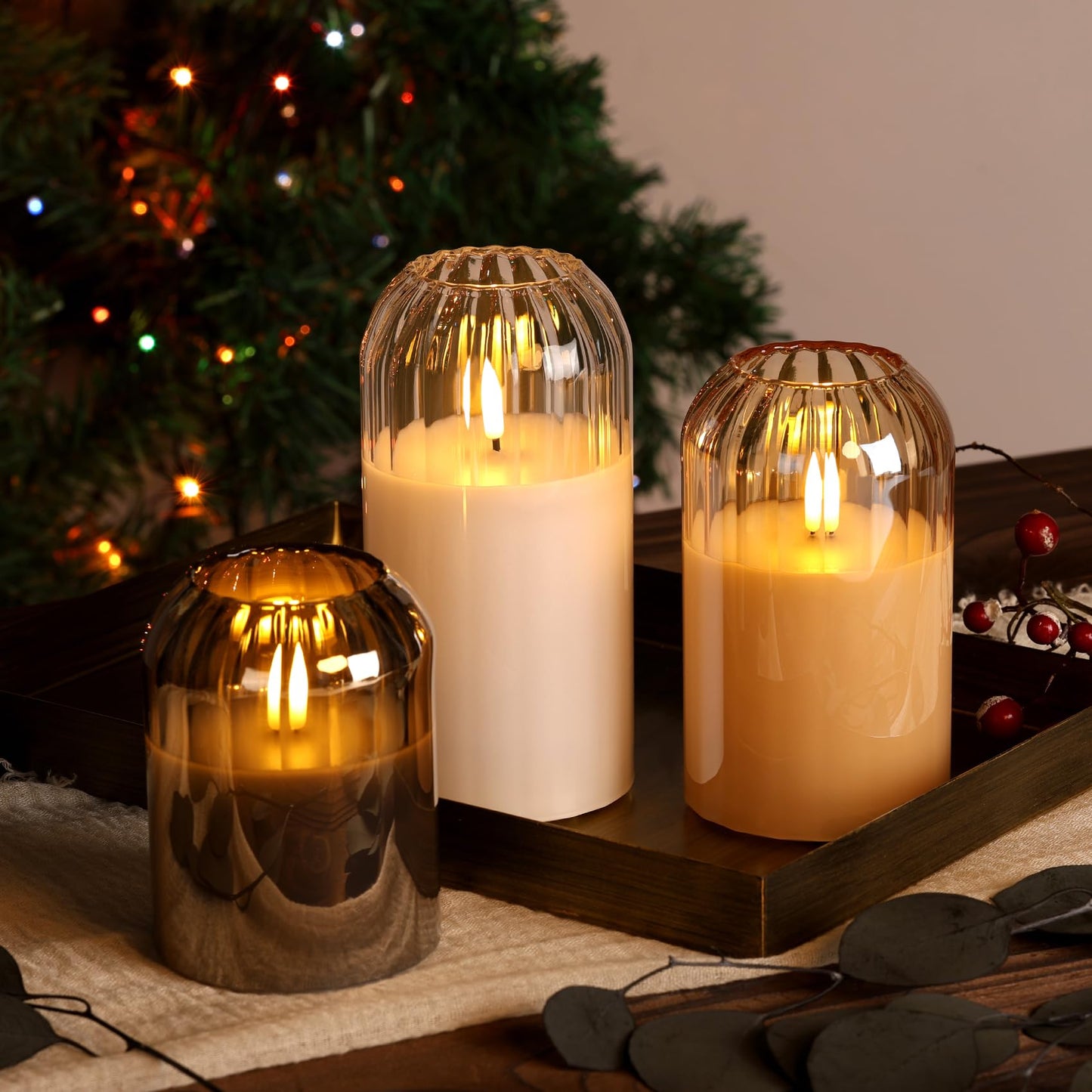 Girimax Clear Glass Flameless Candles with Remote, Real Wax Flickering Battery LED Pillar Candles Set of 3