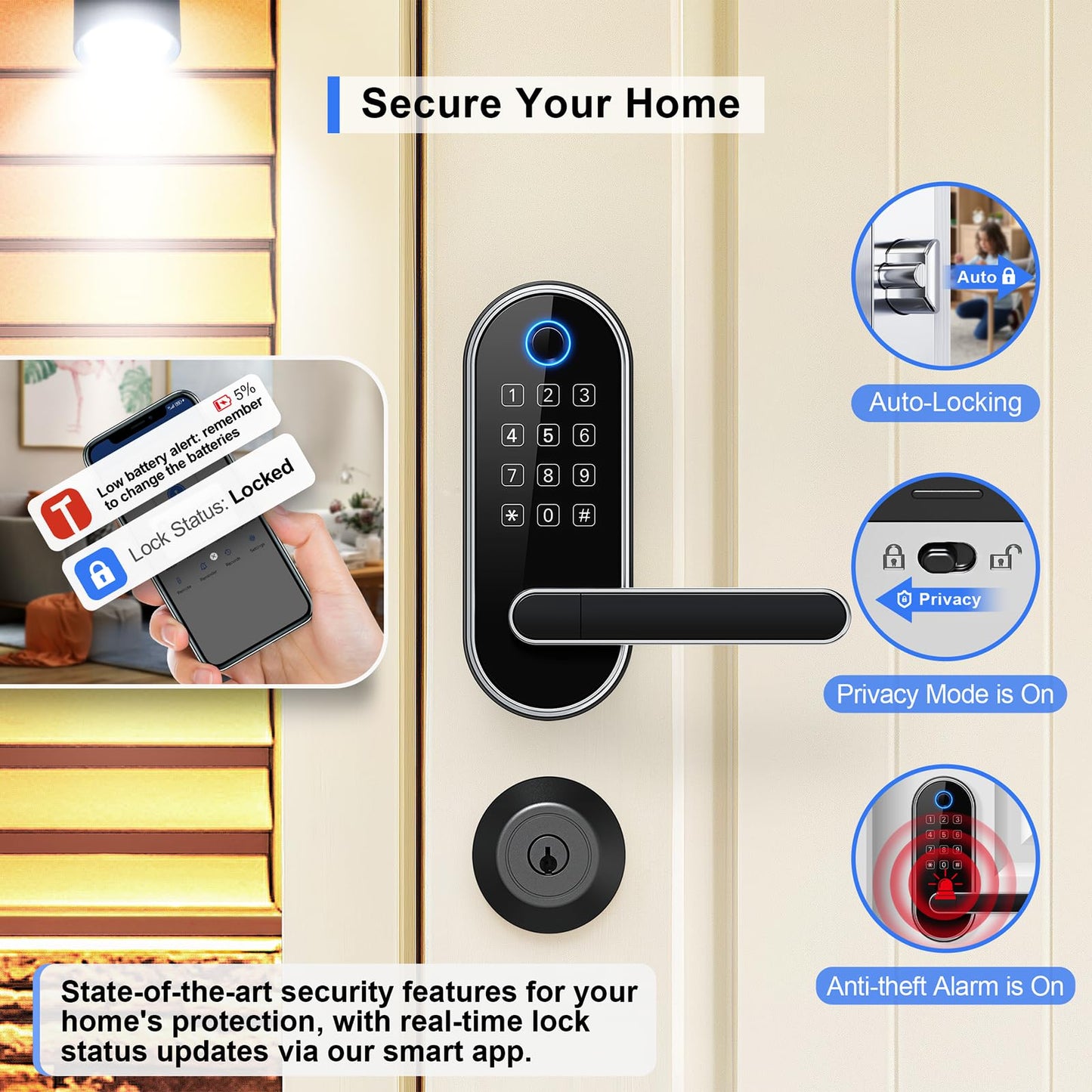 Keyless Entry Fingerprint Smart Lock with Handle & Keypad: Electronic/Electric Digital Lock with Code/Passcode, Biometric Deadbolt Door Knob for Front Door, Bedroom, Interior or Exterior Use (Silver)